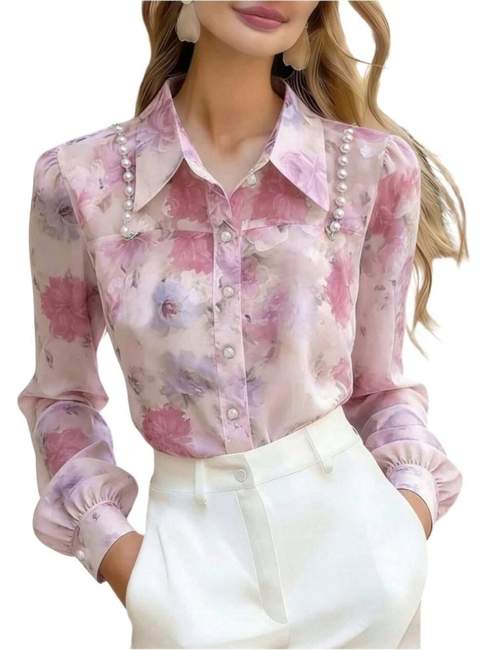 Elegant Floral Button Down Long Sleeve Blouse - Dressy Casual Summer Top